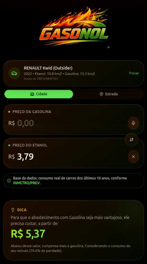 Tela real do Gasonol calculando o preço máximo recomendado da gasolina a partir do valor do etanol