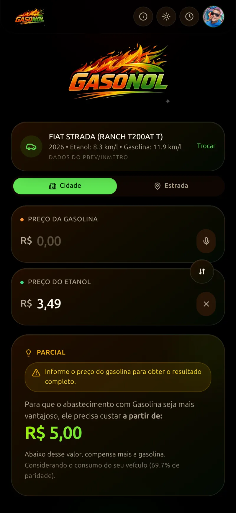 Cálculo do Gasonol mostrando o etanol como melhor escolha com destaque para a economia em reais