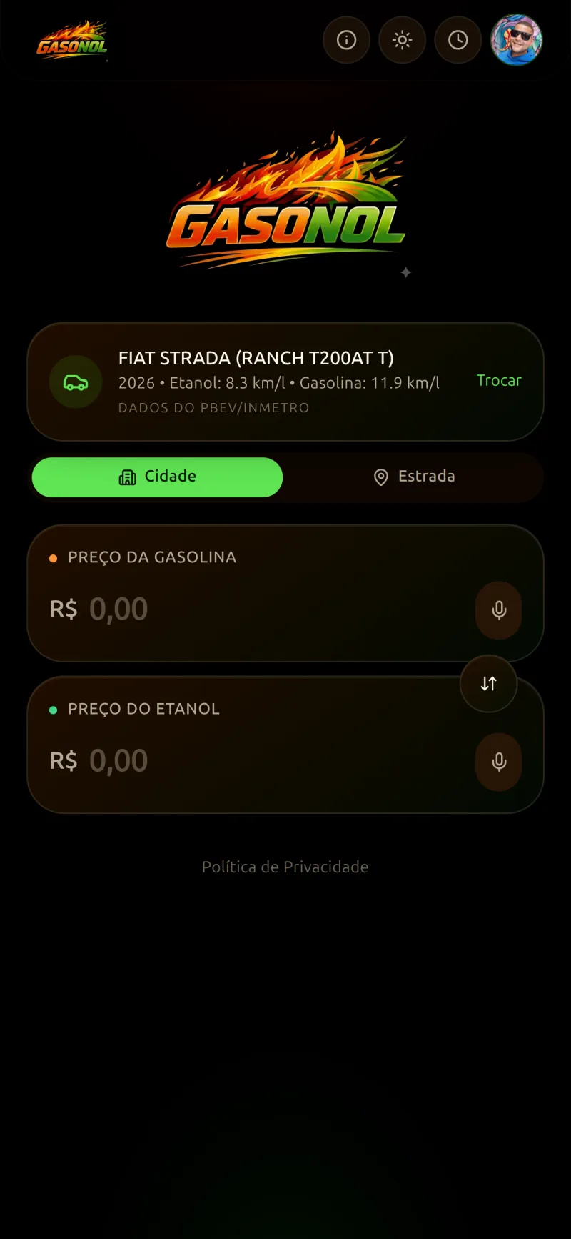 Tela principal do Gasonol com campos de gasolina e etanol, seletor de veículo e resultado do cálculo
