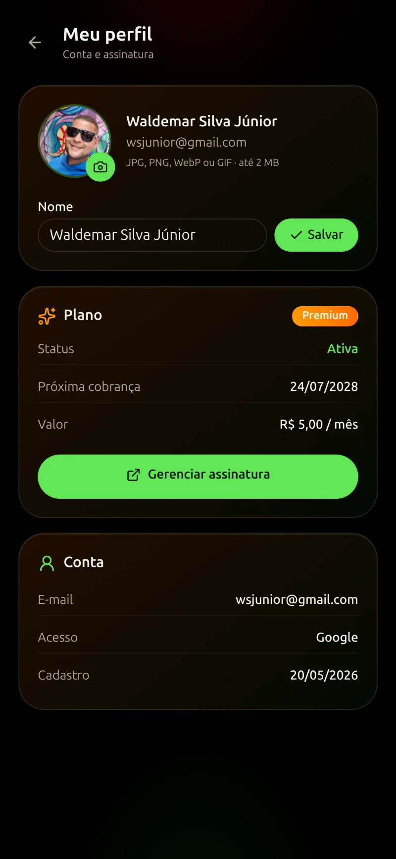 Tela de perfil do Gasonol com avatar, nome, gerenciamento de assinatura e acesso ao plano Premium