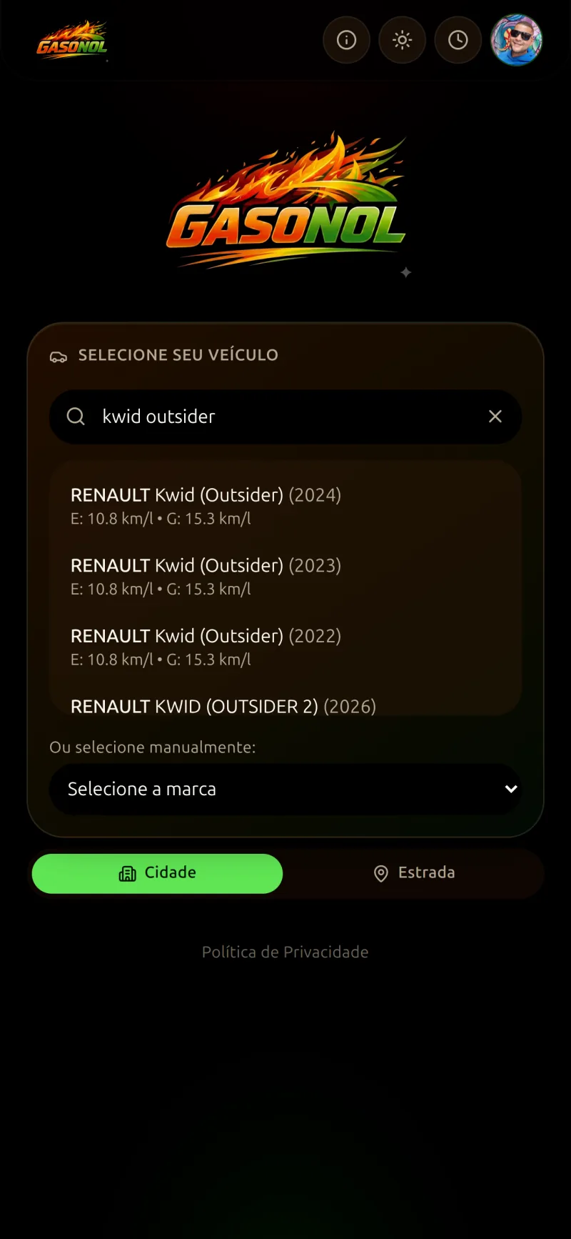 Seletor de veículo do Gasonol com marcas, modelos e anos catalogados com dados de consumo